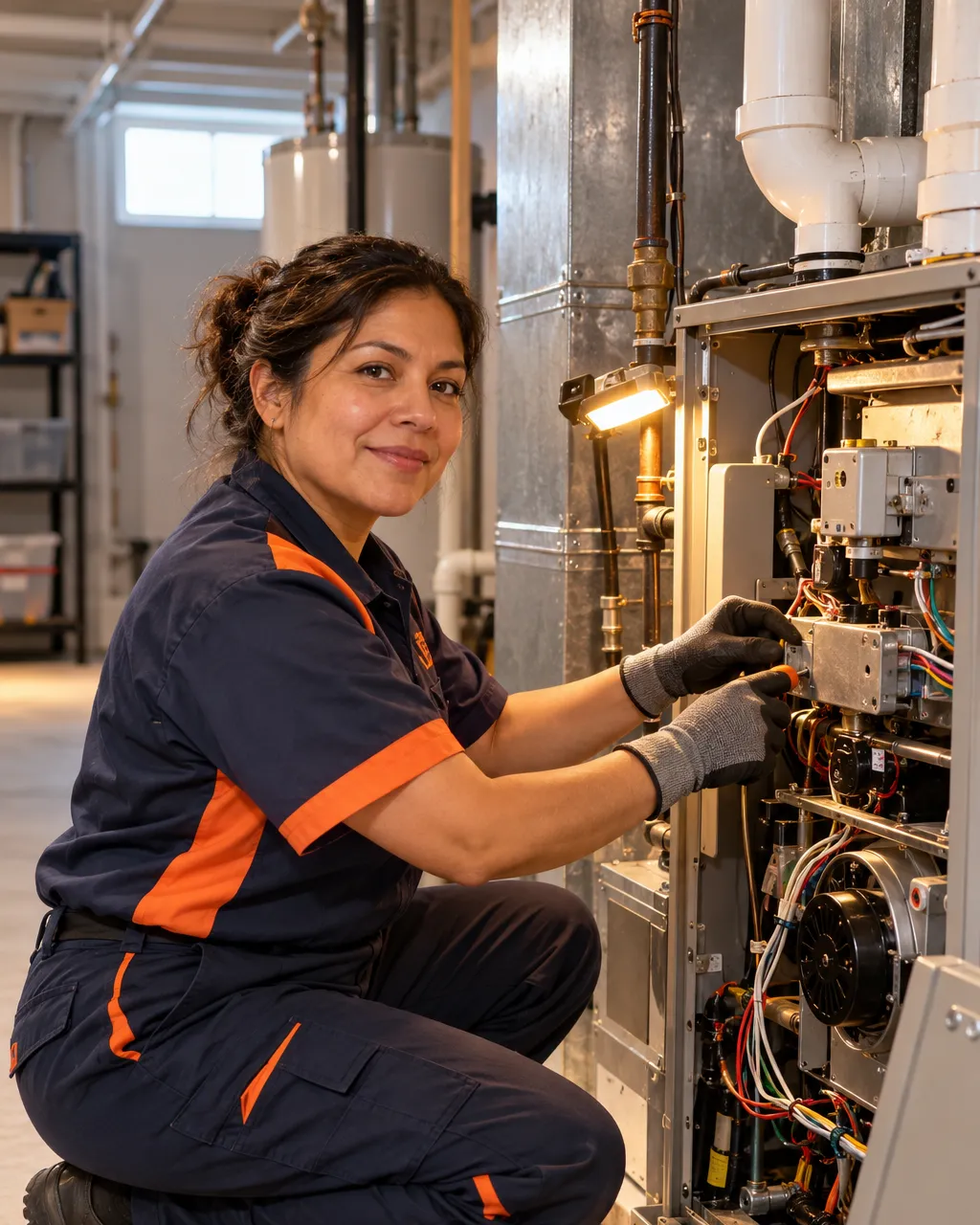 Photograph of a heating technician, a Latina woman in her forties in a navy uniform with orange accents, servicing a…