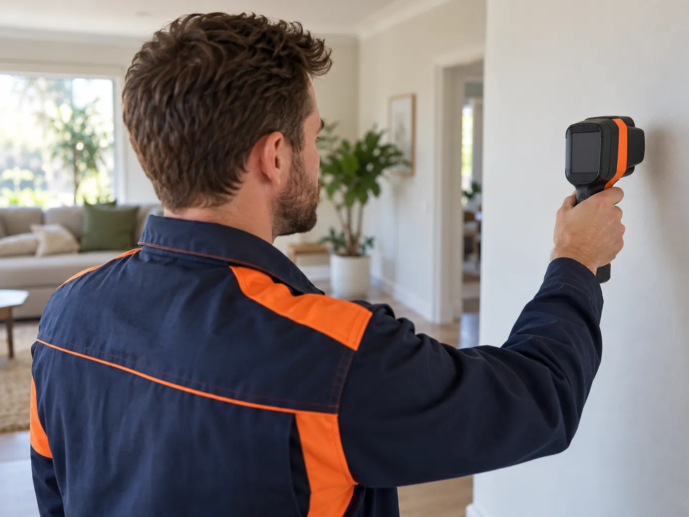 Photograph of a technician in a navy uniform with orange accents holding a handheld thermal camera up to a living…