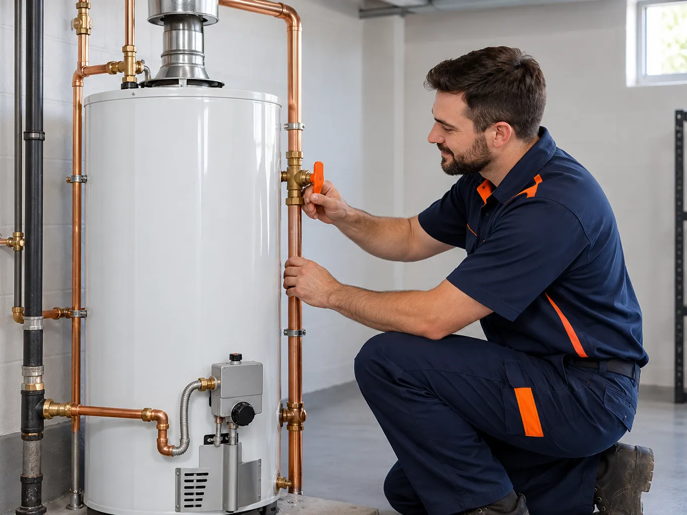 Clean photograph of a newly installed white gas water heater with neat copper pipework and a bright orange shut-off…