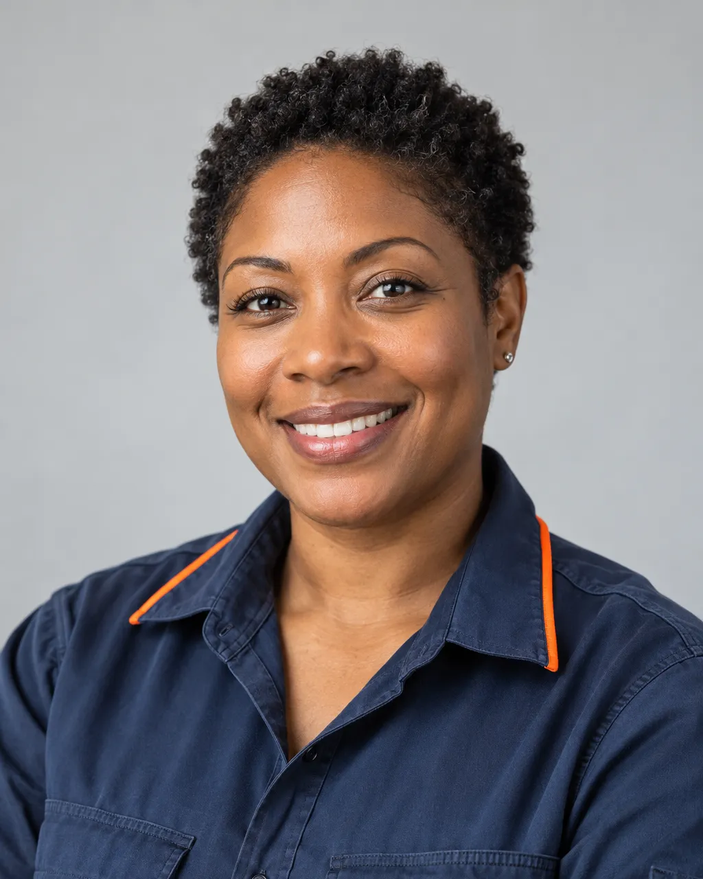 Head-and-shoulders portrait of a Black woman in her late thirties, master plumber and company president, short…