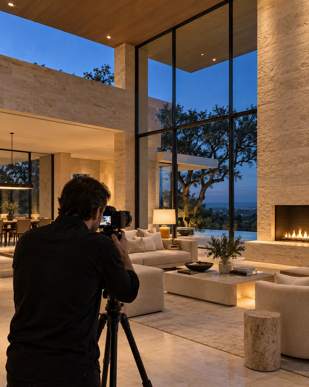 Er with a camera on a tripod shooting a minimalist limestone home interior at twilight
