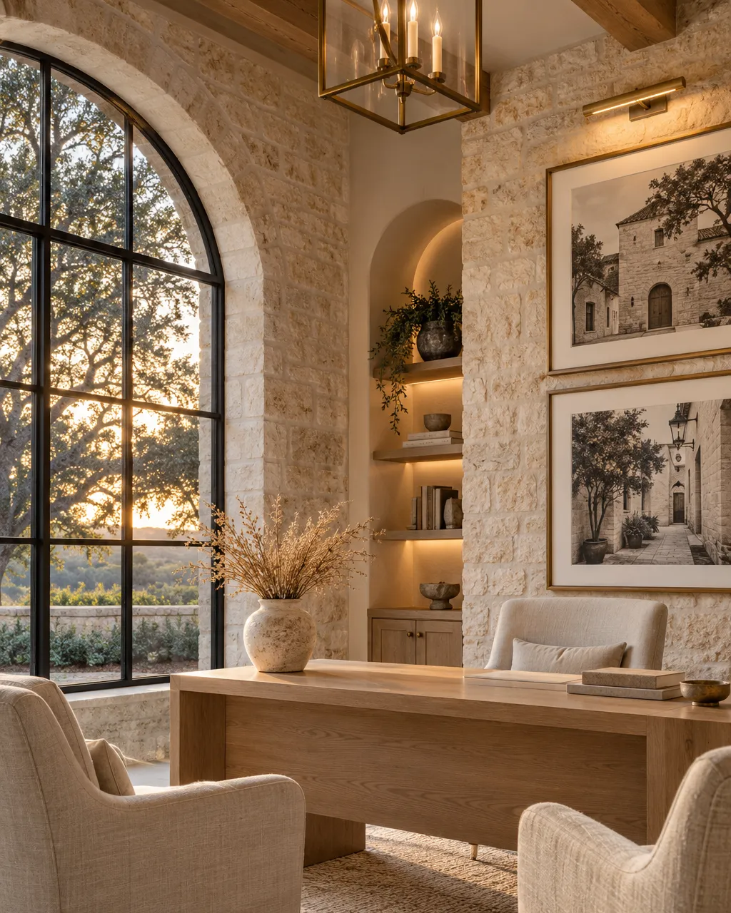 A boutique real estate office in a restored limestone cottage, white oak desk with a single vase of dried grasses,…