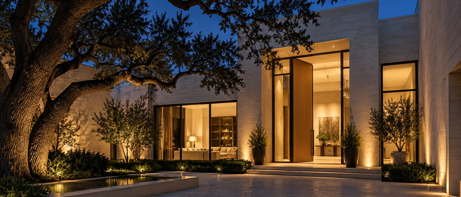 View of a modern limestone home's entrance courtyard at blue hour