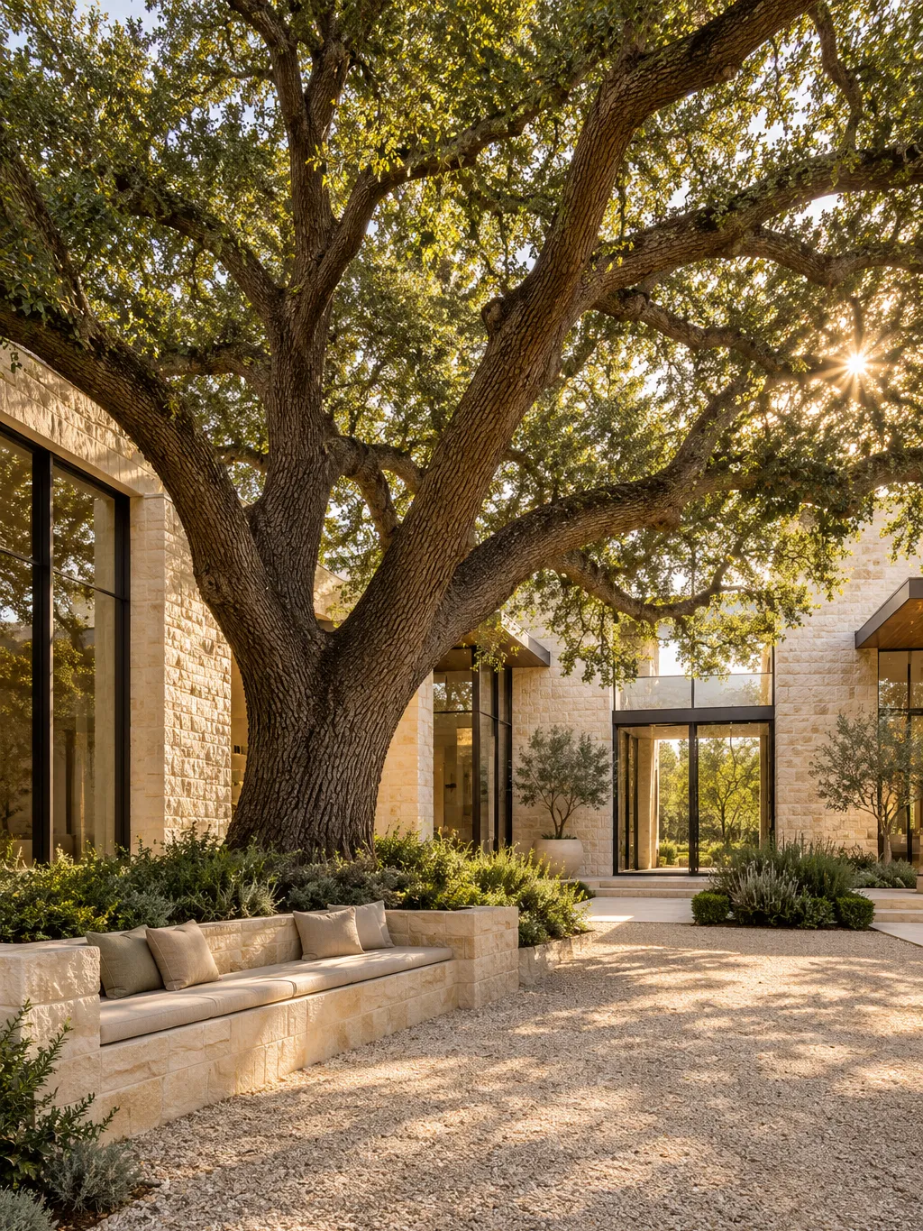 Limestone courtyard with a heritage live oak