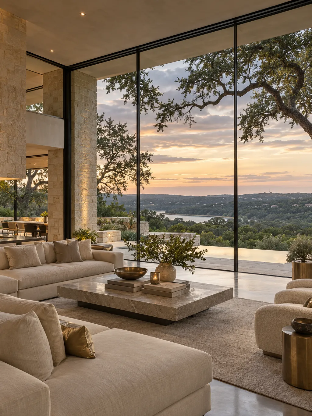 Glass-walled living room overlooking the hills