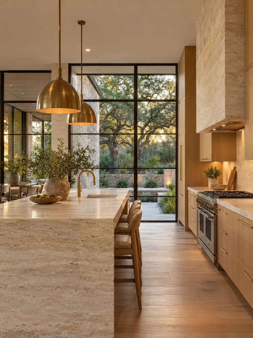 Kitchen with white oak and travertine