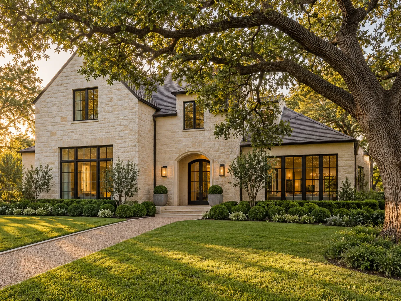 Front exterior of a renovated 1930s Tarrytown home in Austin, pale limestone facade with black steel windows, large…