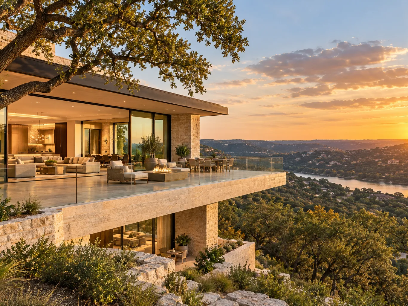 Contemporary Westlake Hills estate perched on a slope, cantilevered terrace with glass railings, limestone walls,…
