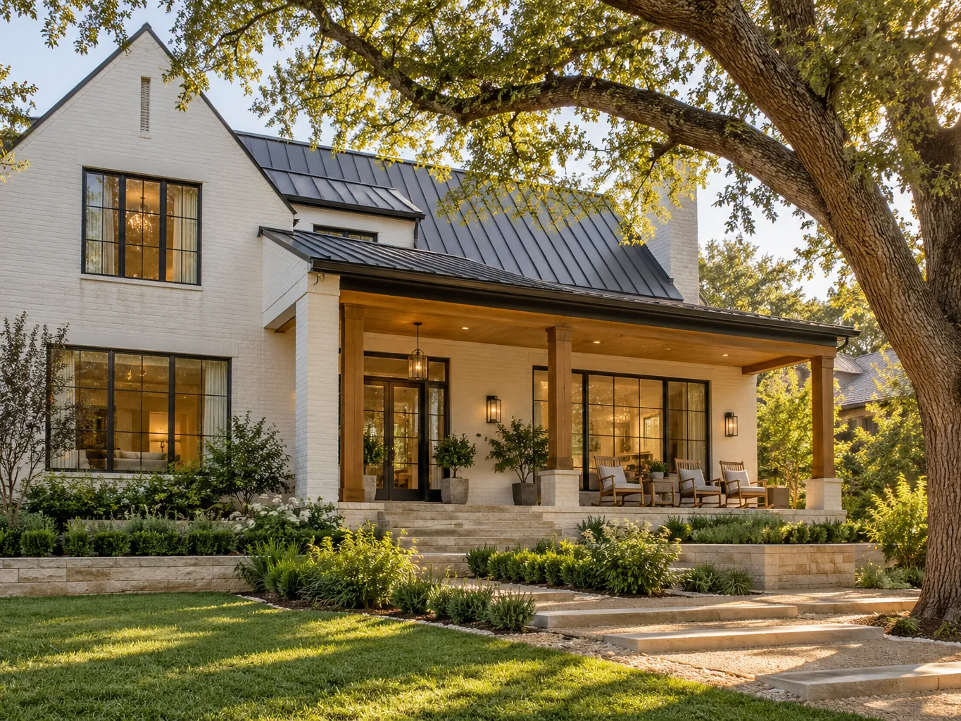 Modern farmhouse in Clarksville Austin, white painted brick with standing-seam metal roof, deep front porch with…