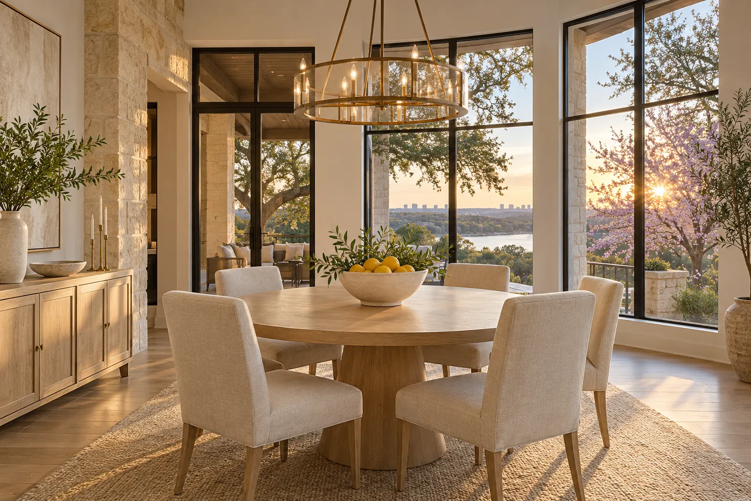 Bright staged dining room in an Austin home being prepared for sale, round white oak table with a ceramic bowl of…
