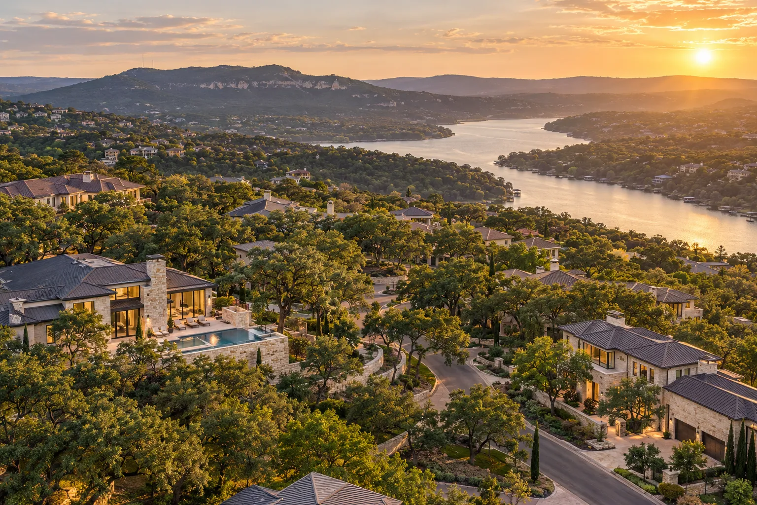 Aerial view of a leafy Austin neighbourhood with large live oaks, limestone homes and winding streets leading toward…