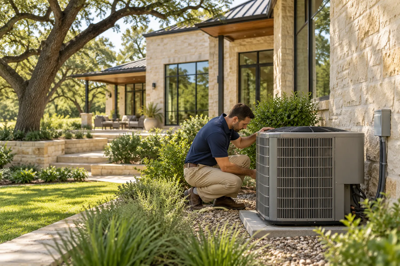 Home inspector in a navy polo shirt examining an air conditioning unit beside a limestone house, seen from a slight…