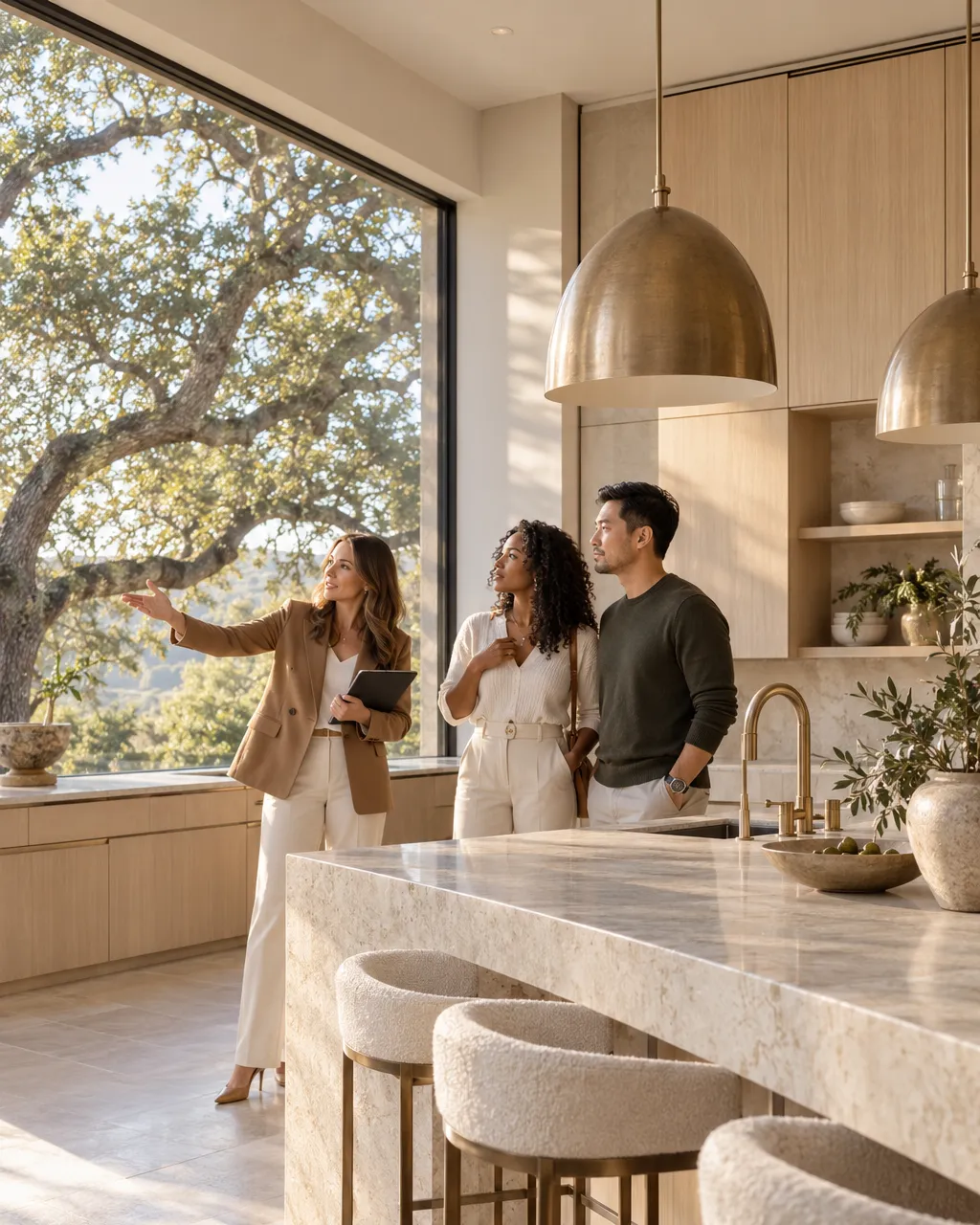 Couple in their late thirties, a Black woman and an Asian man, touring a bright minimalist kitchen with white oak…