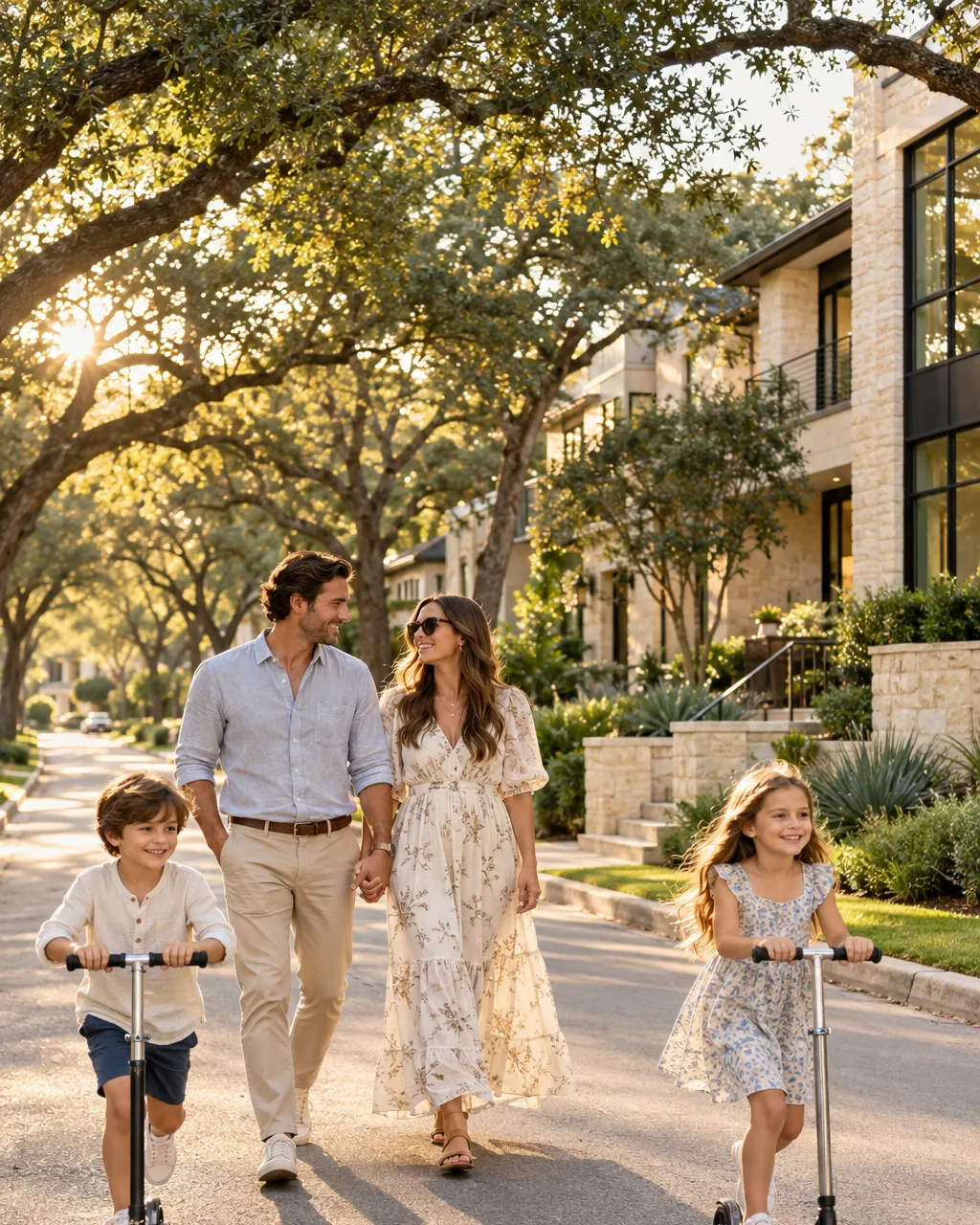 Family of four walking along a tree-lined Austin neighbourhood street with live oaks and limestone homes, children…