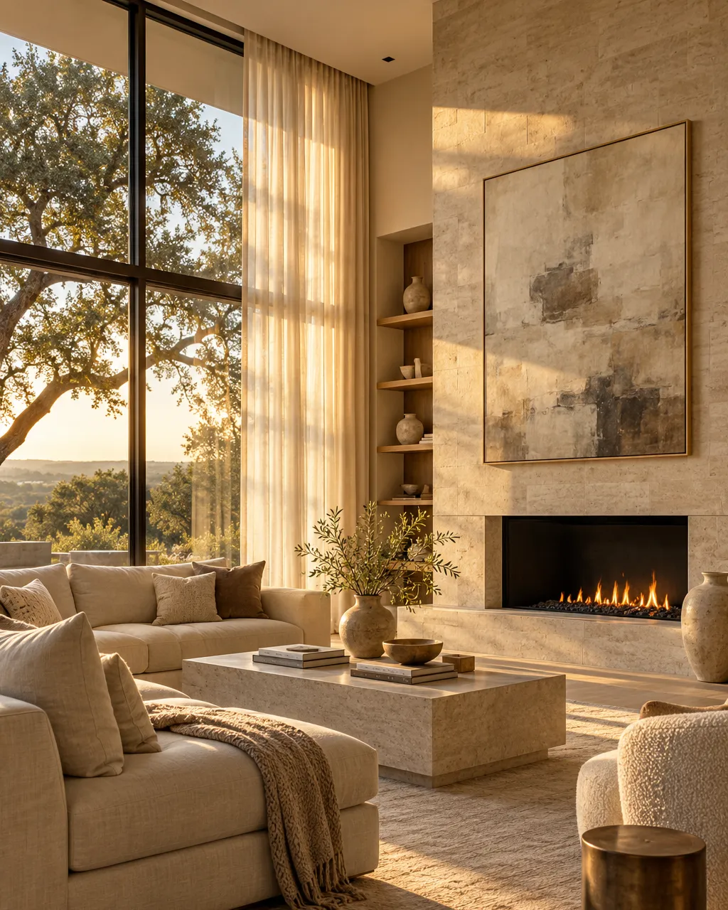 Elegantly staged living room in an Austin luxury home, linen sofas, sculptural ceramics, a large abstract neutral…
