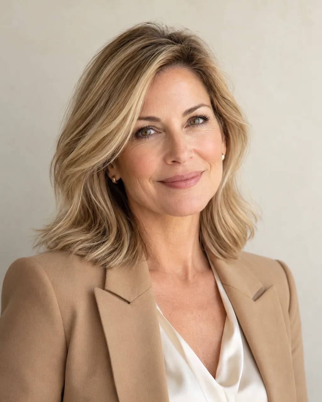 Professional portrait of a white woman real estate broker in her late forties with honey-blonde shoulder-length…