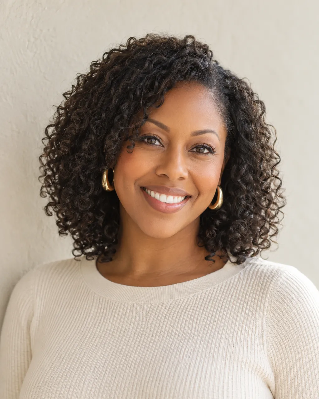 Professional portrait of a Black woman relocation director in her late thirties with natural shoulder-length curls,…