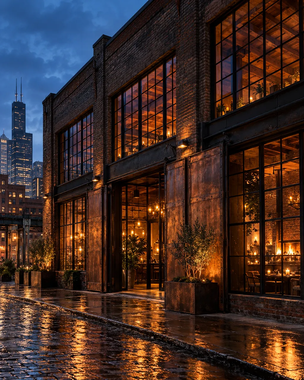Exterior of a converted brick meatpacking warehouse on Fulton Market Chicago at blue hour, large steel-framed…