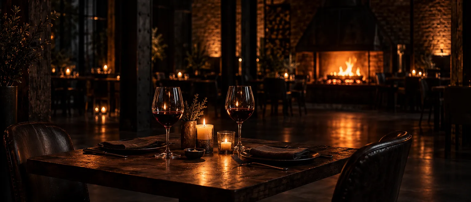 Atmospheric shot of a candlelit table for two in a dark warehouse restaurant, wine glasses catching firelight,…
