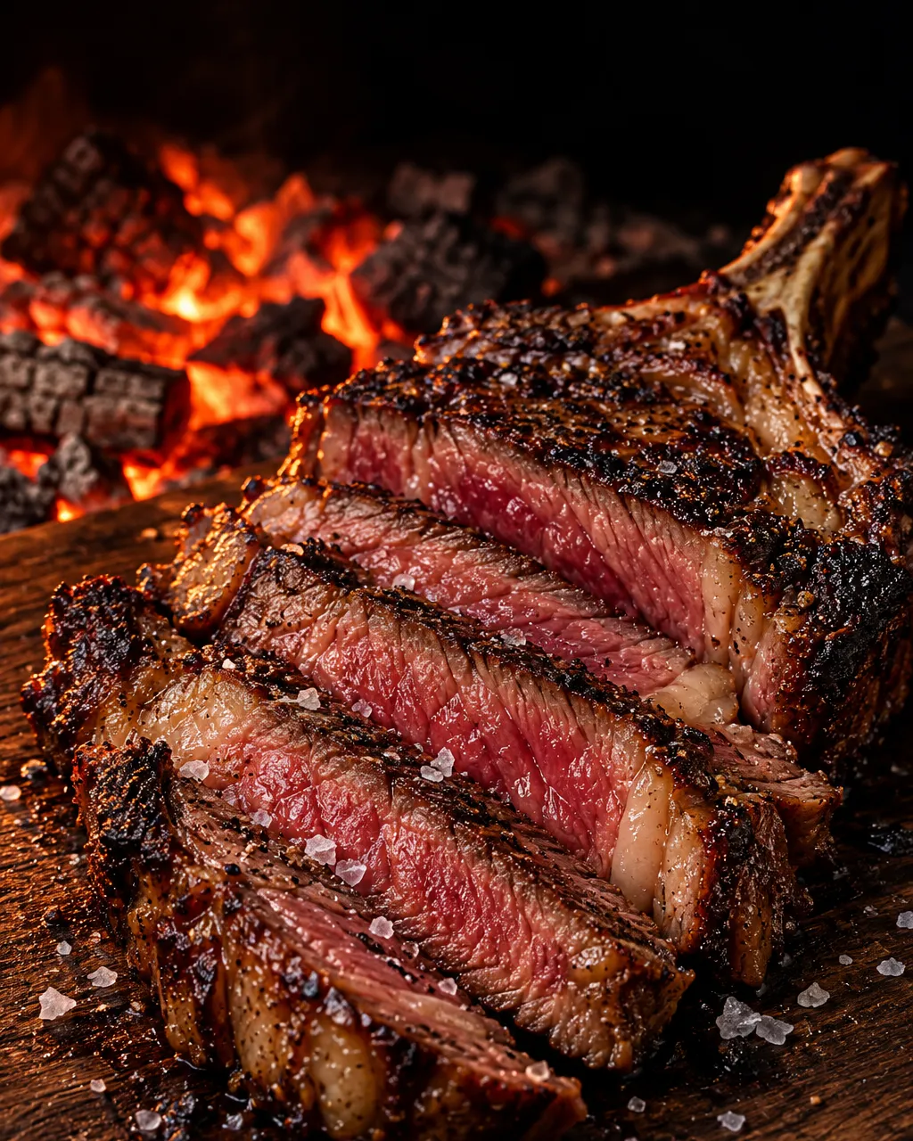 Ribeye resting on a wooden board beside glowing embers