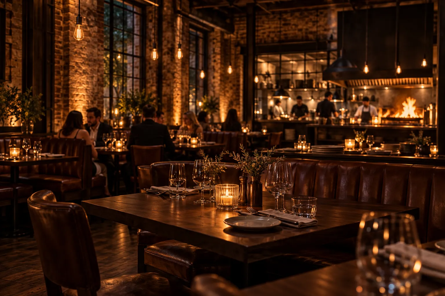Candlelit restaurant dining room in a converted brick warehouse, dark walnut tables, leather banquettes, Edison…
