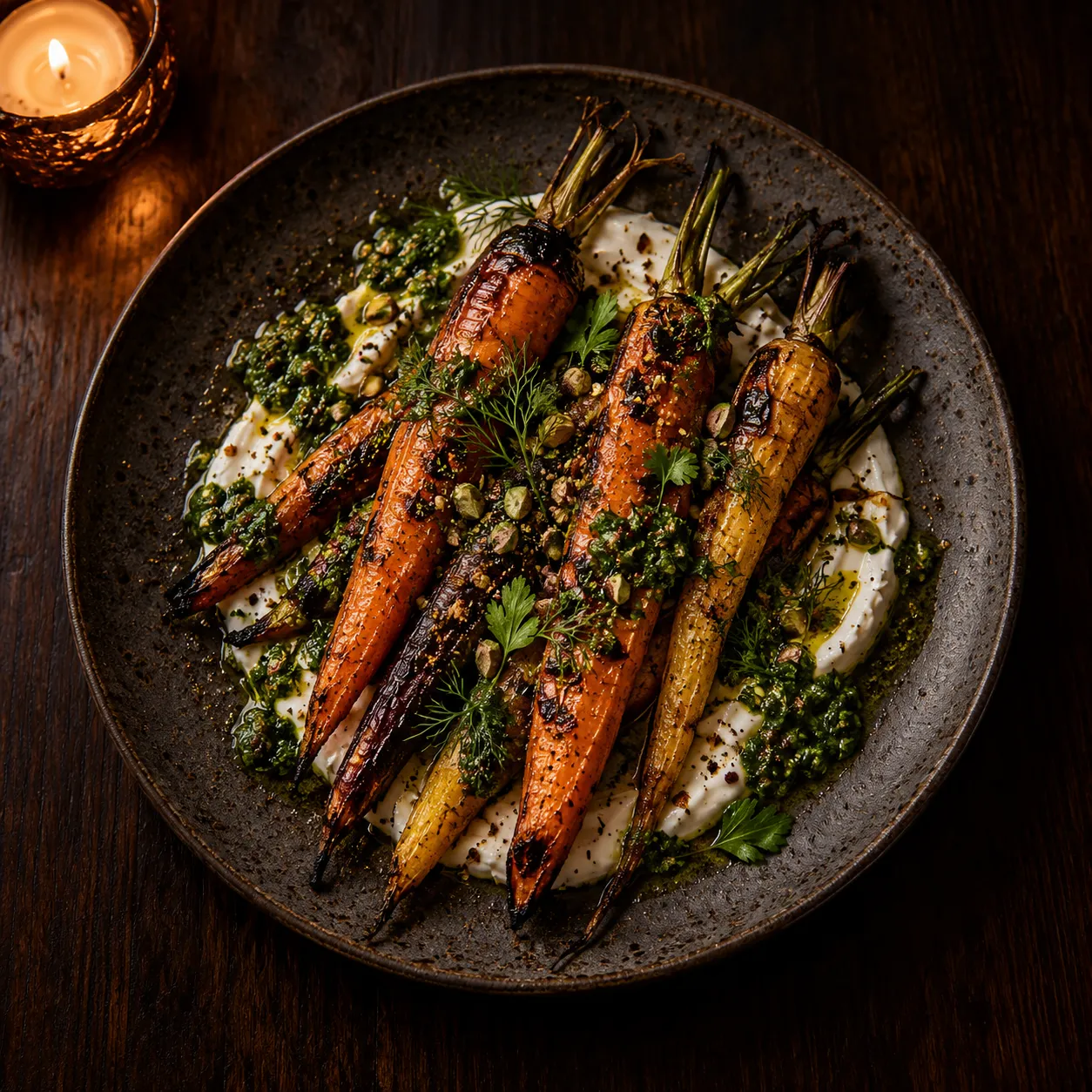 Charred carrots with herbs on a ceramic plate