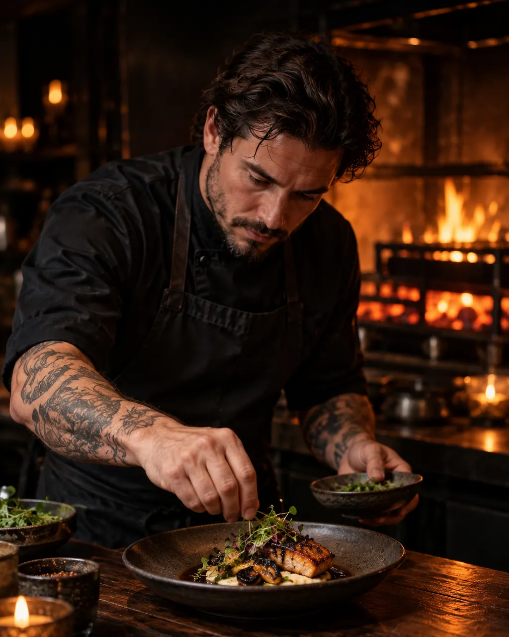 Chef plating at the chef's counter