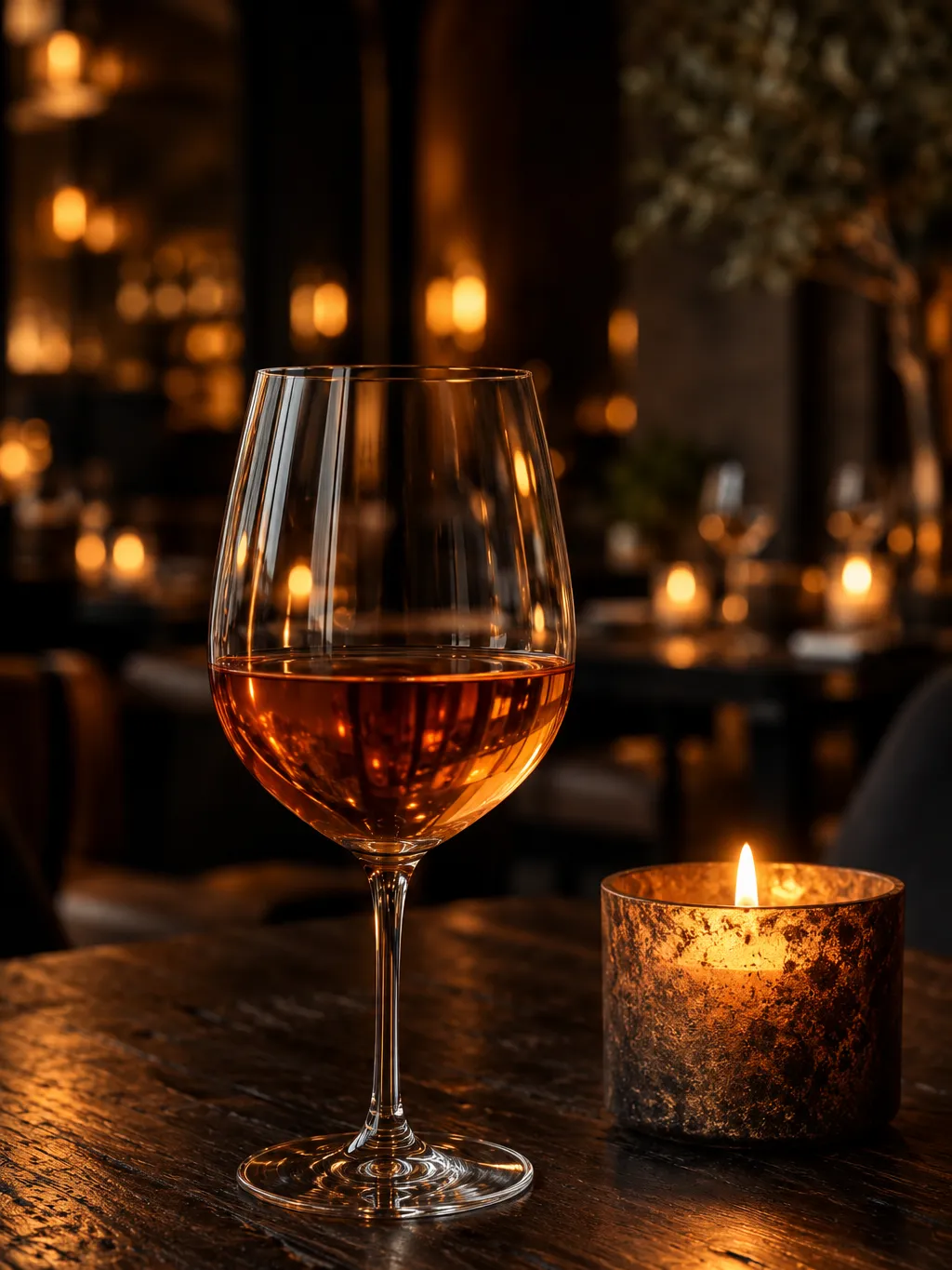 Glass of orange wine by candlelight