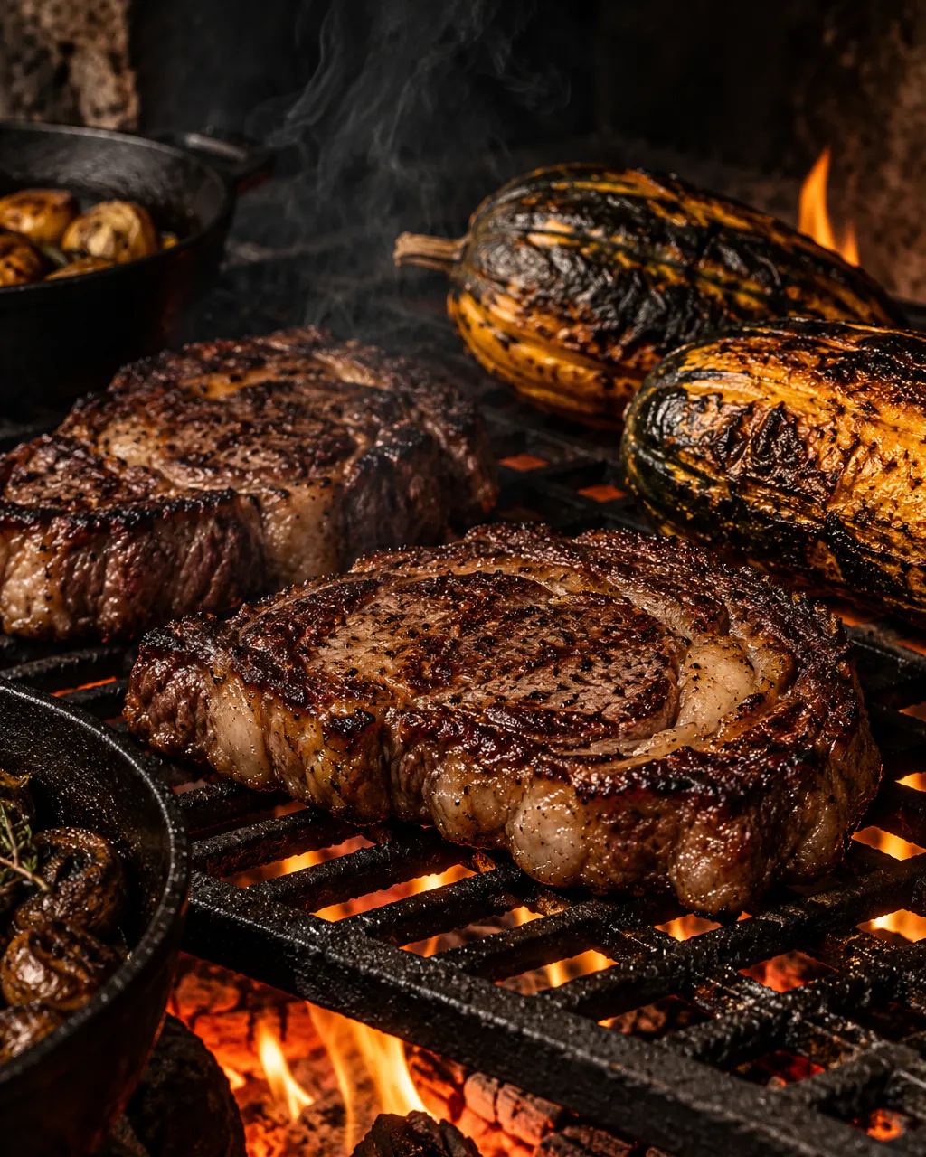 Close view of thick ribeye steaks and whole squash cooking on an iron grate over glowing oak embers, cast-iron pans…