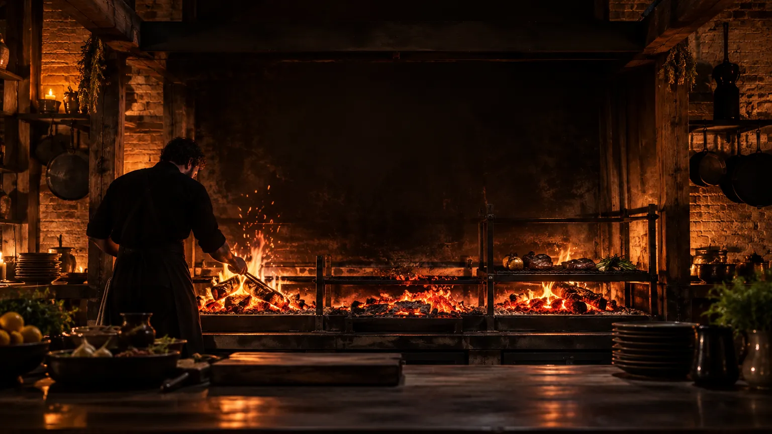 Cinematic photograph of a wood-fired restaurant kitchen hearth at night, a long open fire of glowing red oak embers…