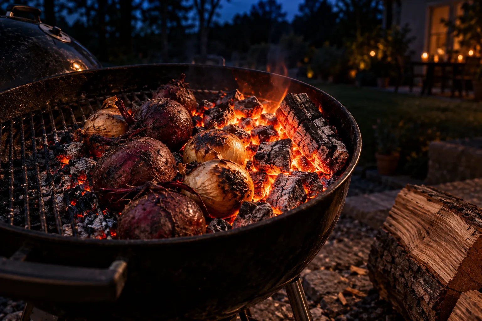 Backyard kettle grill at dusk with glowing hardwood embers piled to one side, whole beets and onions nestled in the…