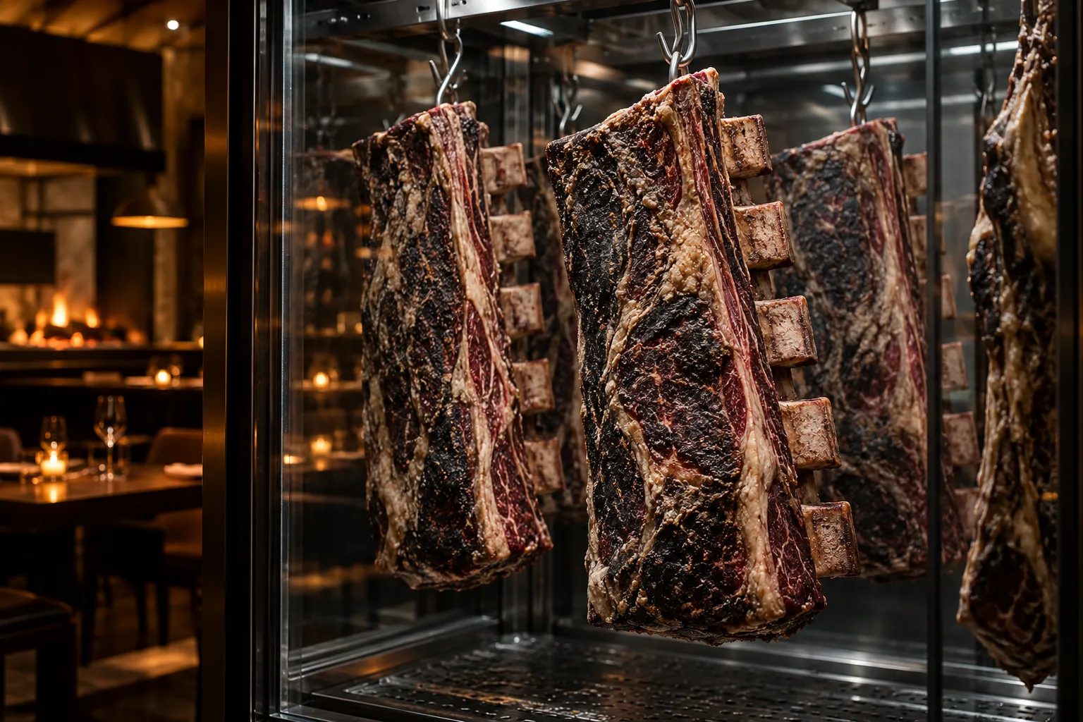 Bone-in beef ribs hanging in a glass-fronted dry-ageing room, dark crust