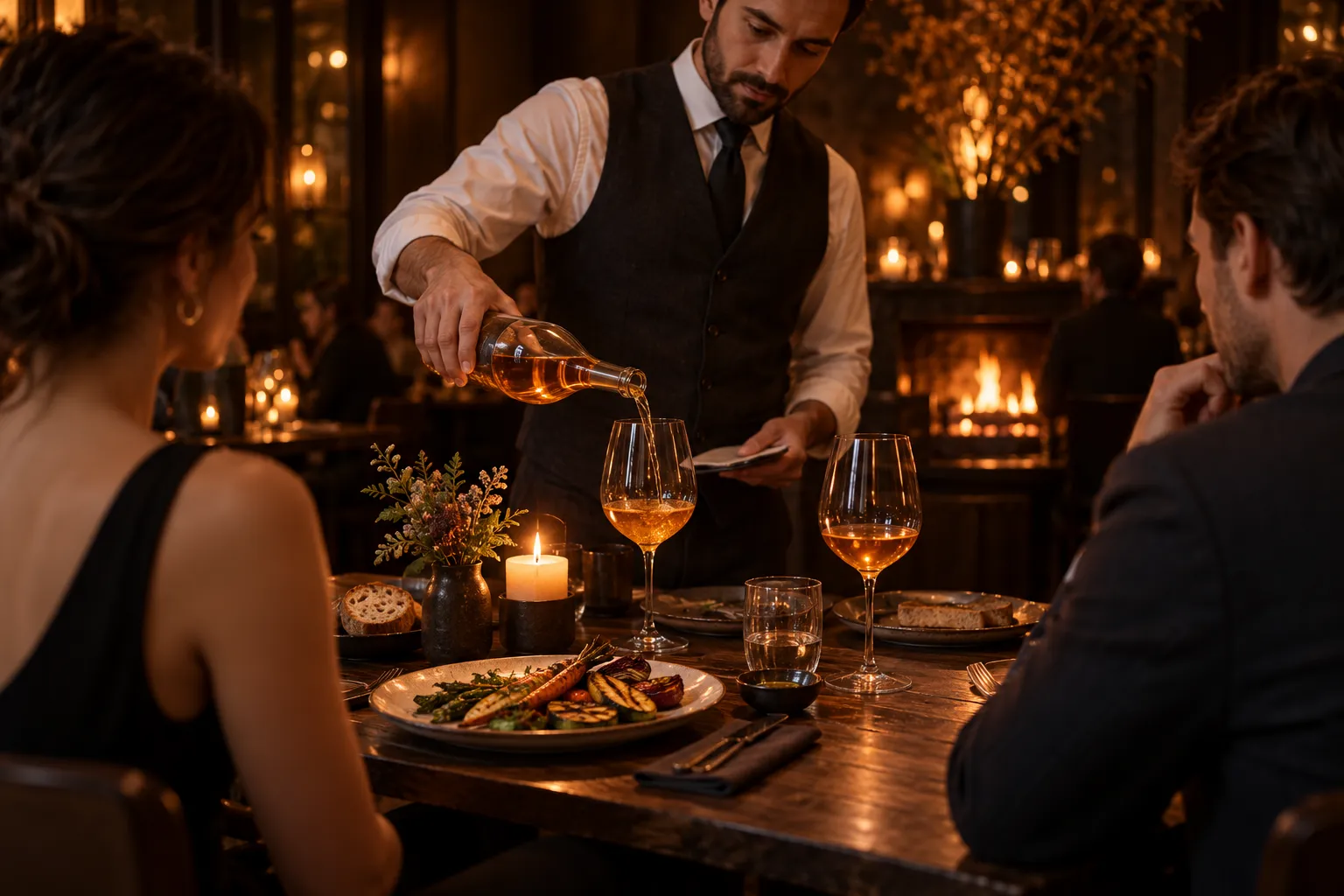 A sommelier in a dark waistcoat seen at mid distance pouring orange wine at a candlelit table for two guests, plates…