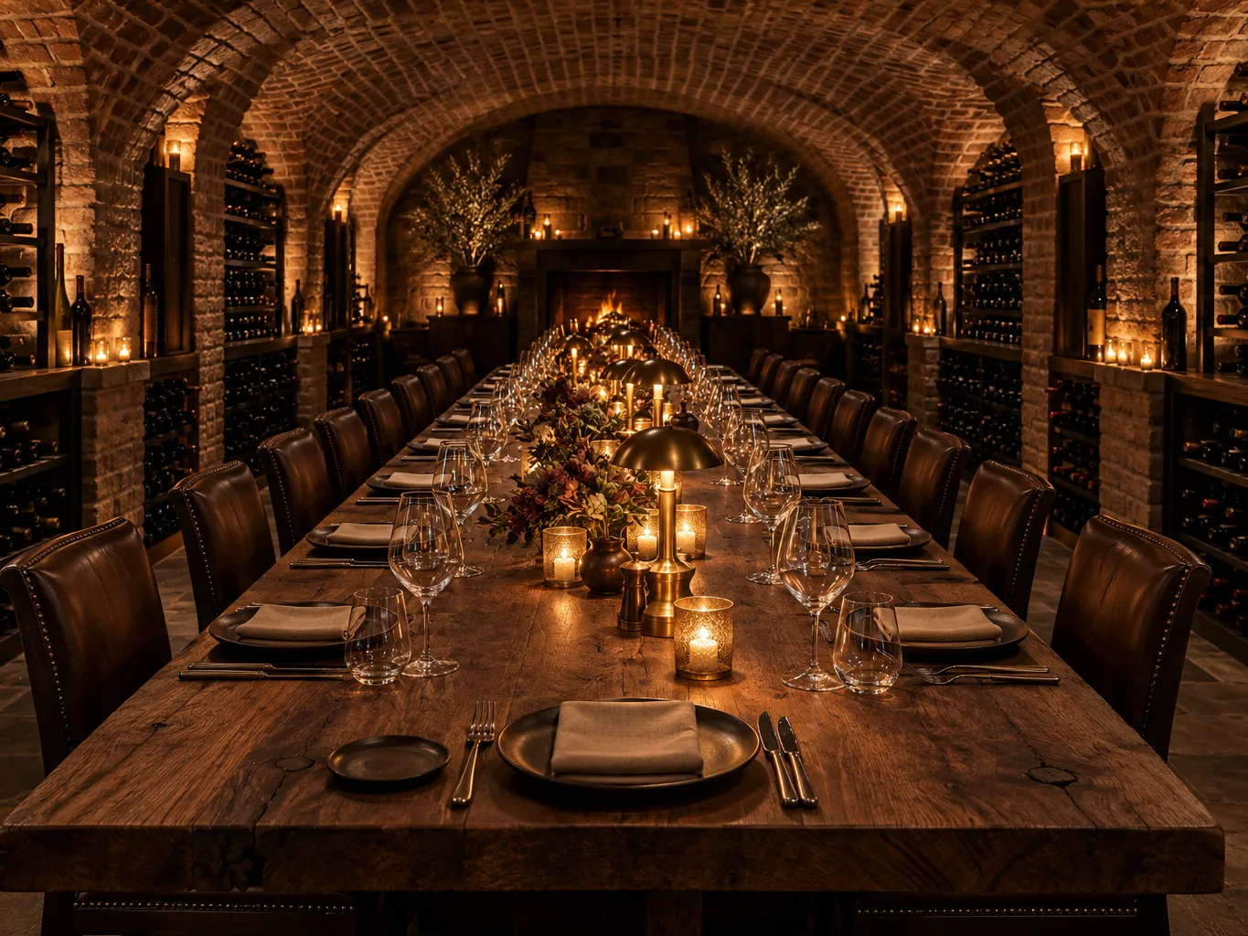 Brick-vaulted private dining cellar with one long oak table set for twenty, candles and low brass lamps, walls lined…