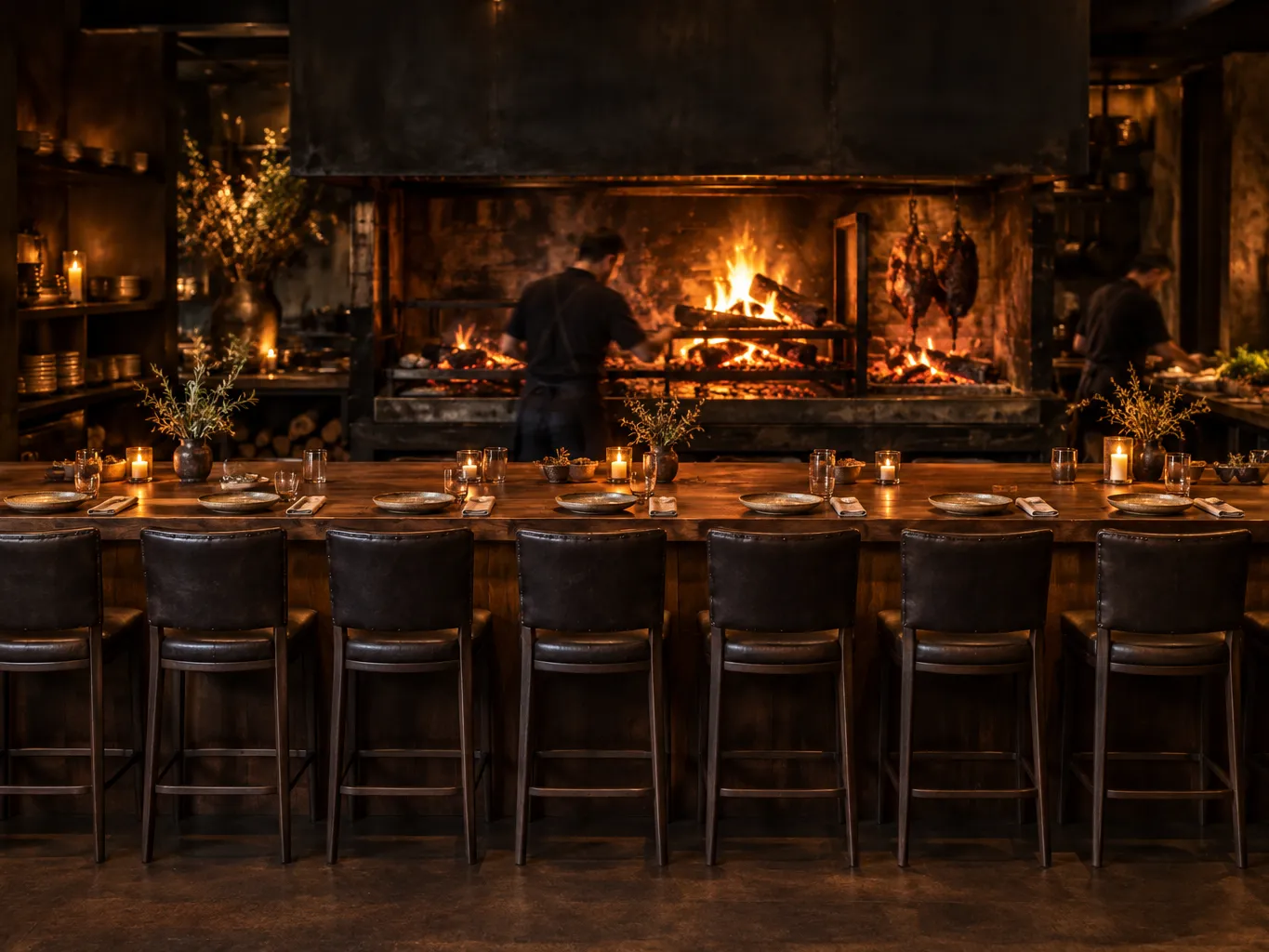 Chef's counter of eight dark leather stools facing an open wood-fired hearth, chefs working the fire in soft focus,…