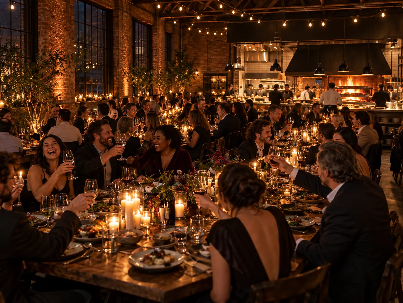 Full restaurant buyout celebration in a candlelit brick warehouse dining room, long communal tables with guests…