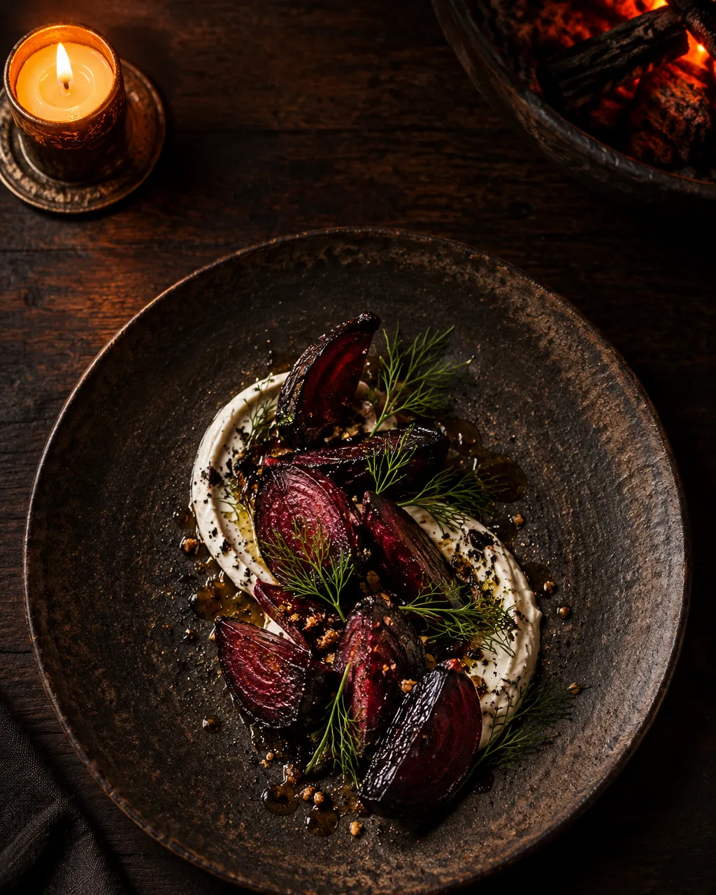 View of an elegant tasting course on a dark handmade stoneware plate, sliced ember-roasted beet with smoked cream…