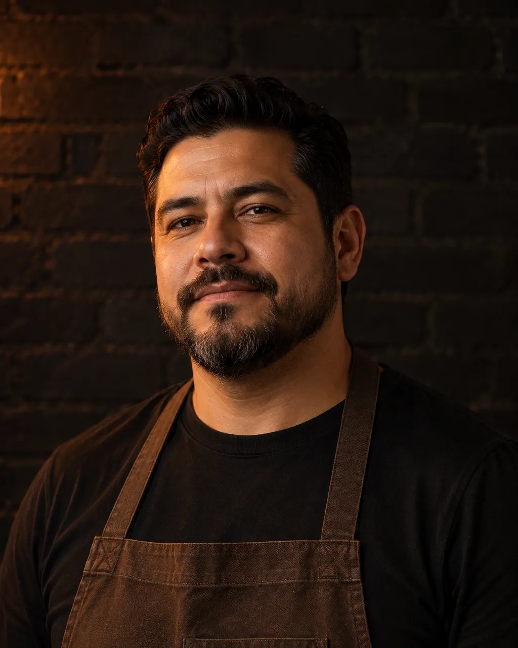 A Mexican American male chef in his early forties with short dark hair and a trimmed beard, dark brown canvas apron…