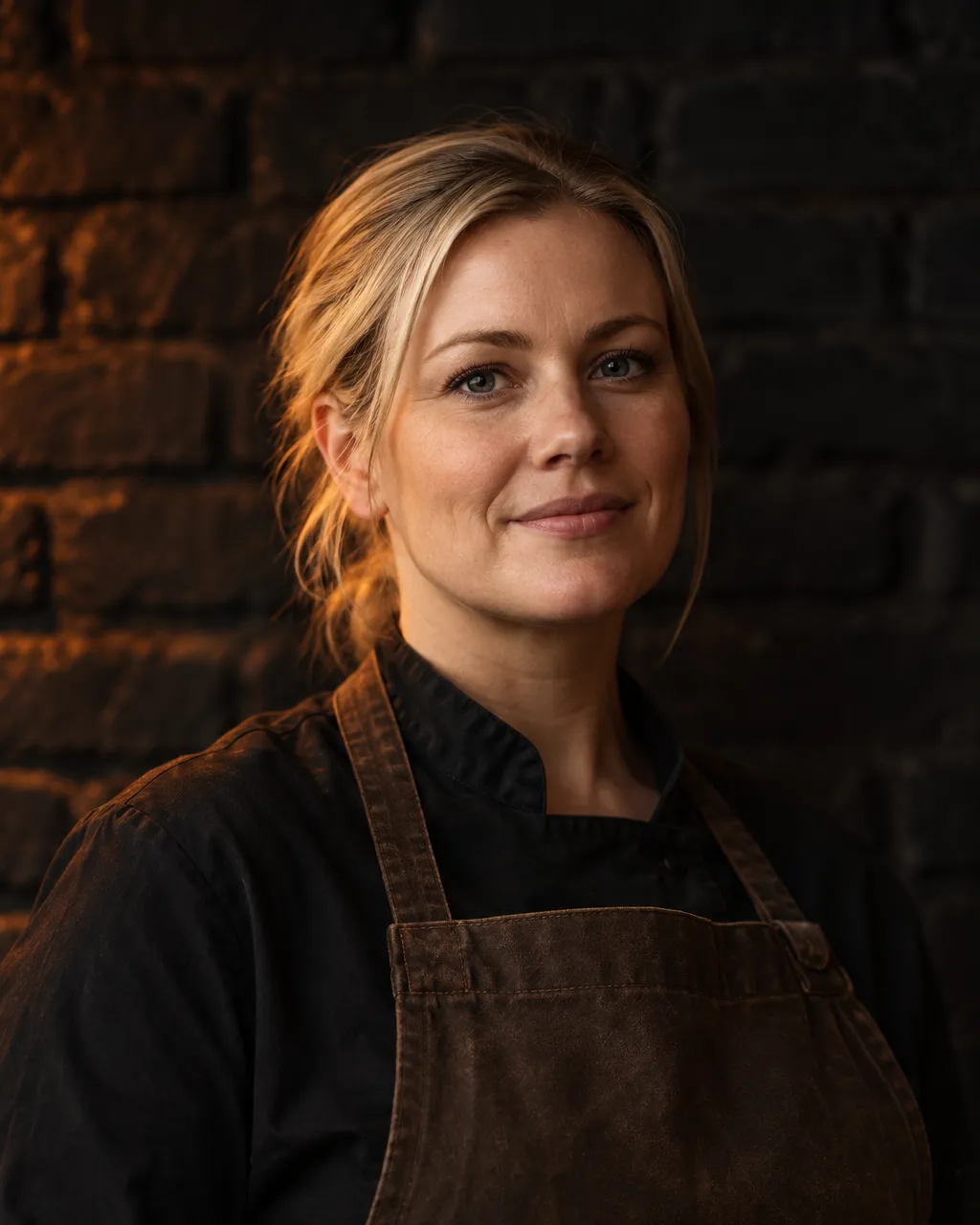 A Scandinavian woman chef in her thirties with blonde hair tied back, dark brown canvas apron over a black shirt,…