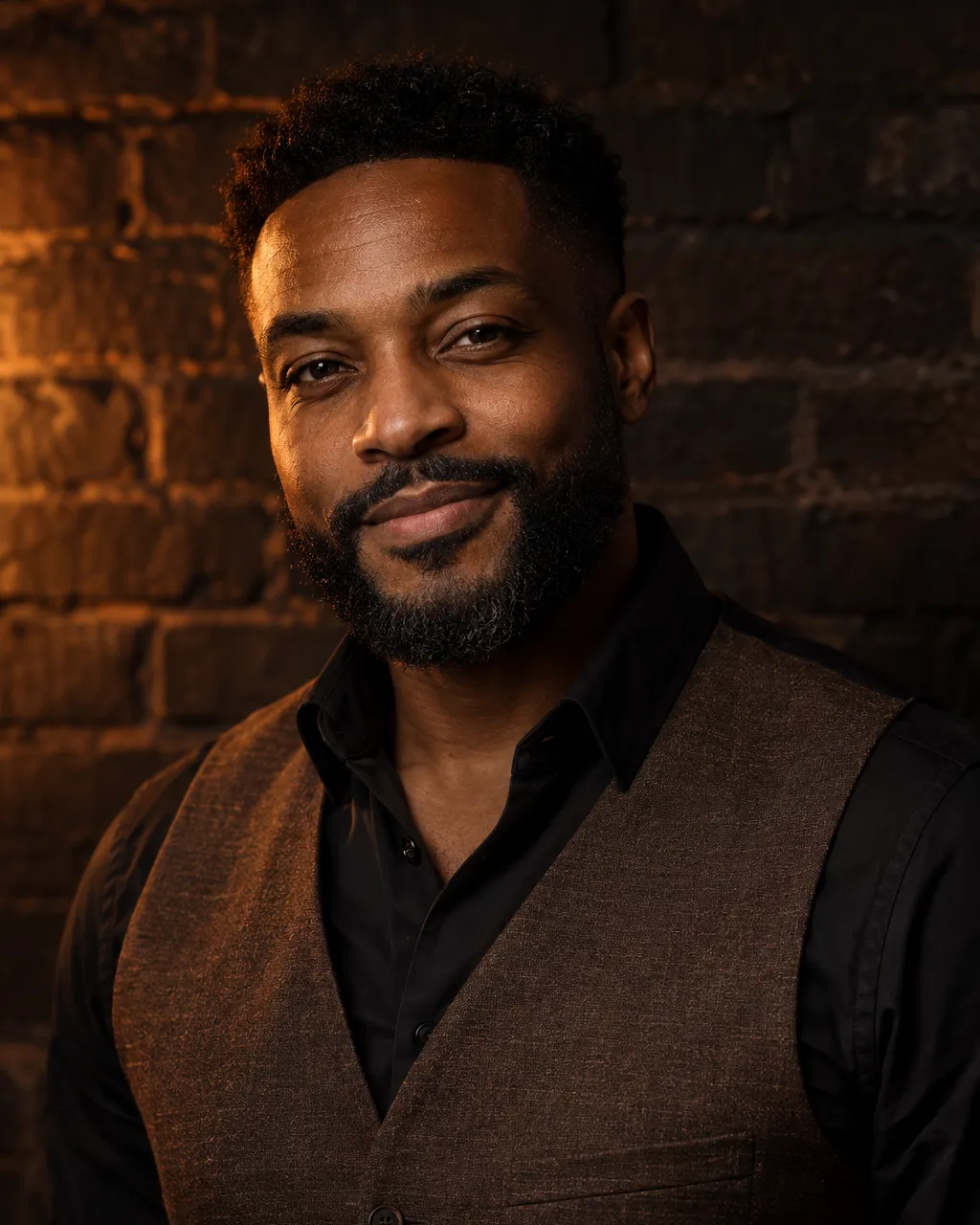 A Black man sommelier in his late thirties with a neat beard, dark brown waistcoat over a black shirt