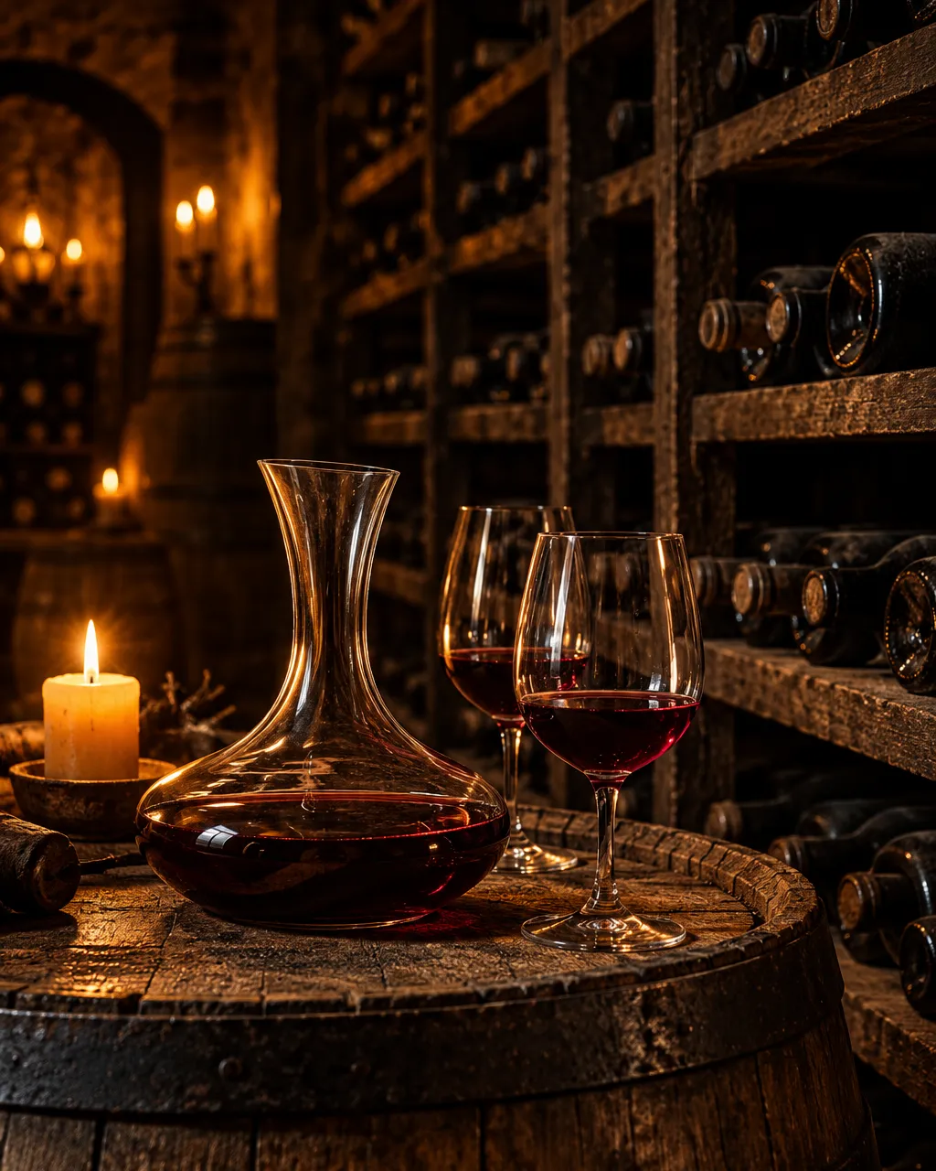 Rows of wine bottles lying in dark wooden racks in a candlelit cellar, a decanter and two glasses on a barrel top in…