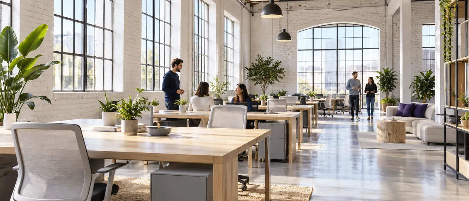 Interior photograph of a bright modern software office in a converted brick warehouse in San Francisco,…
