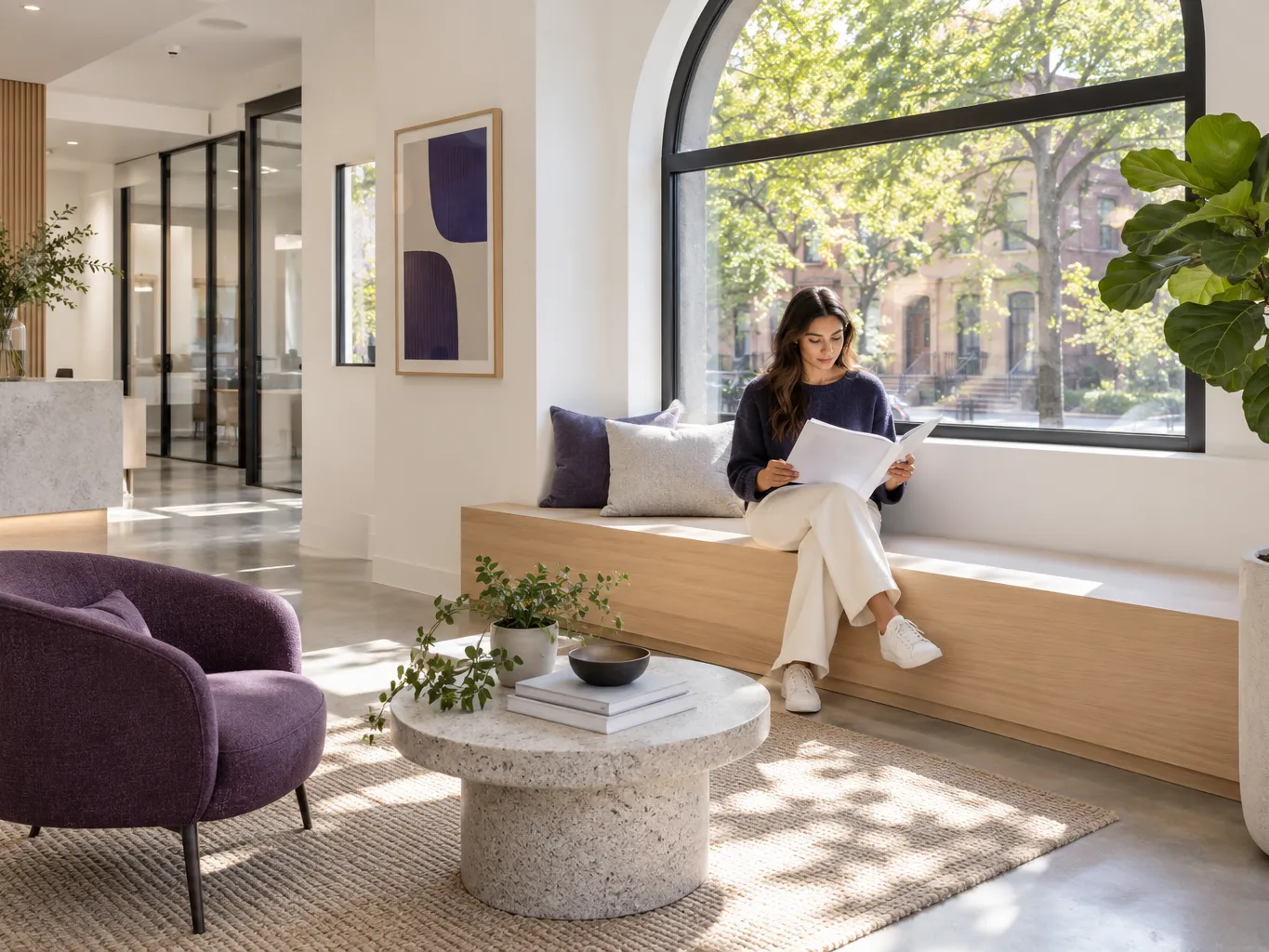 Bright reception and lounge area of a modern tech office, low pale oak bench, white walls, large arched window…