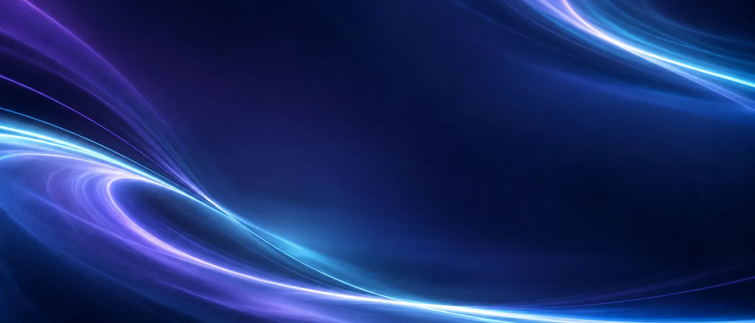 Abstract long-exposure photograph of soft streaks of violet and cyan light curving through a dark indigo space,…