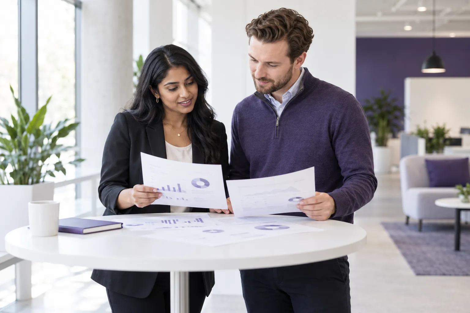 Two colleagues comparing printed financial reports at a standing table in a bright minimalist office, a South Asian…