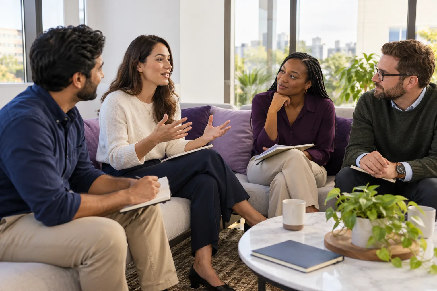 Customer success team of four in a casual weekly meeting on a sofa corner in a modern office, diverse group, one…