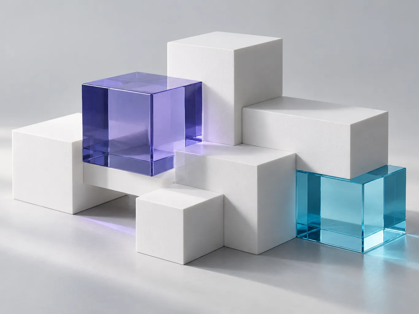 Abstract still life of interlocking matte white geometric blocks and translucent acrylic cubes on a pale grey…
