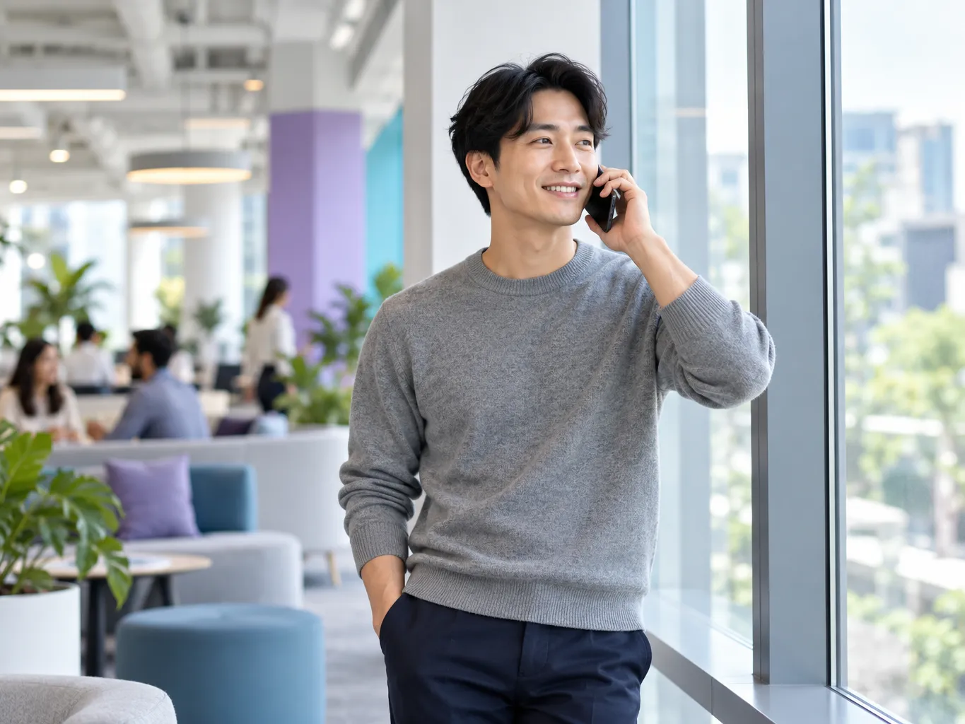 Customer success manager on a phone call by a large window in a modern open-plan office, East Asian man in a grey…