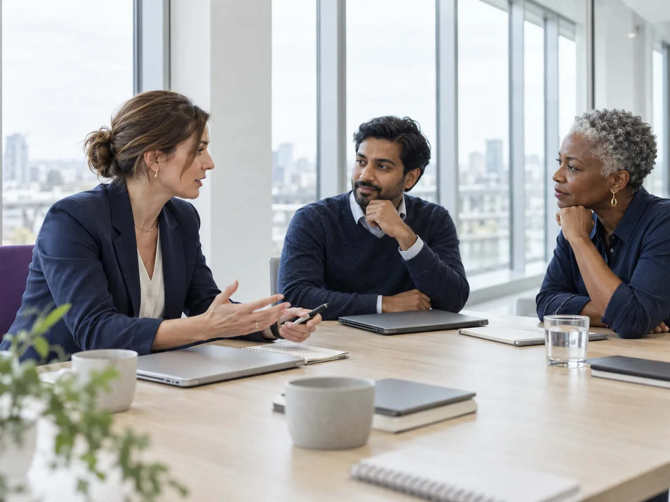 Three colleagues in a bright glass-walled meeting room discussing plans around a pale oak table, a woman finance…