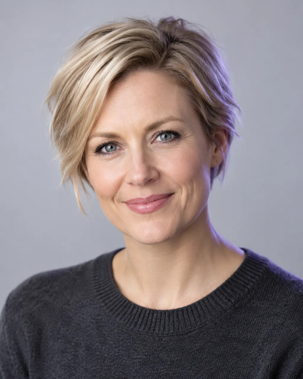 Professional head-and-shoulders portrait of a white woman in her early forties with short ash-blonde hair, wearing a…